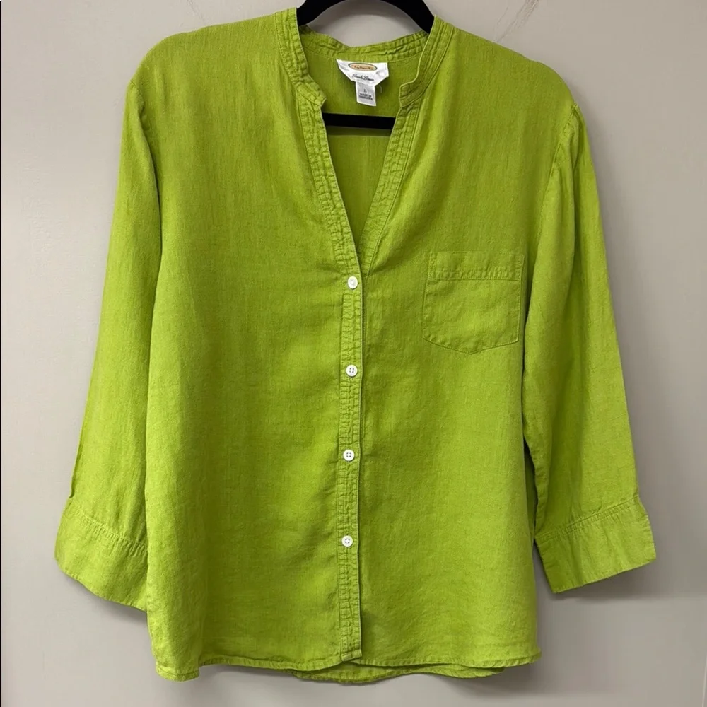 Vintage Talbots Linen Mandarin Collar Button Down Blouse Shirt | Green Leaf | L - Picture 1 of 10